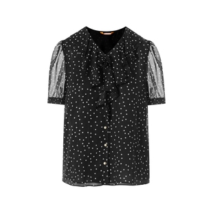 朗姿集团LIME莱茵荷叶边领口波点设计感短袖衬衫25夏泡泡袖上衣