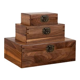 实木复古黑胡桃小木盒长方形首饰收纳盒收藏证件盒带锁木质木盒子