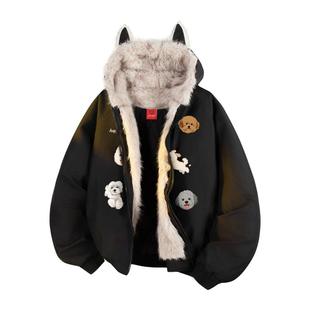 查尔斯桃心小狗印花座山雕棉衣男女冬季新款潮牌毛领连帽情侣棉服