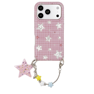 kaia甜妹ins格纹银闪镭射星星适用苹果18promax手机壳iphone17pro新款15/16女17pm带链条18pro全包防摔手机套