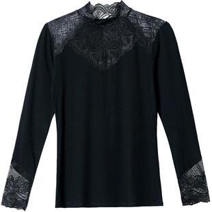 莫代尔蕾丝衫春秋新款高领黑色上衣长袖打底衫修身女百搭秋衣小衫