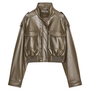 ZARluvip查罗秋季新款亮面仿皮衣夹克外套短款机车服上衣4749701