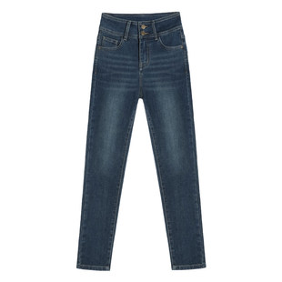 紧身牛仔裤女2026新款春季高弹力修身铅笔裤蓝色高腰配靴子小脚裤