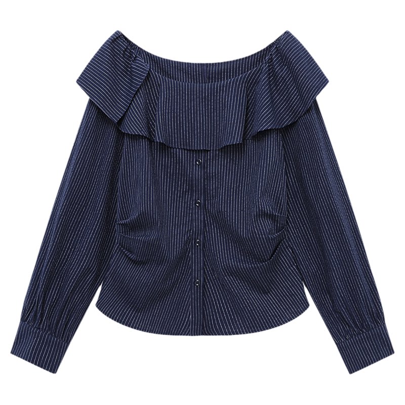 Basic House/百家好26新款一字肩荷叶领衬衫女秋宽松百搭小众上衣