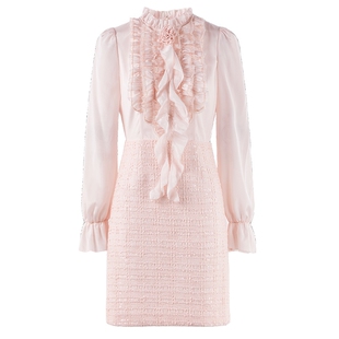 MISSCOCOON可可尼长袖裙子女2026春季新款小香风粗花呢拼接连衣裙