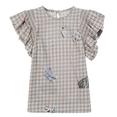 谜底衬衫荷叶袖女2025夏新品复古风通勤合身H型中长上衣252MS0627