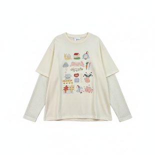 章章10/31奶油慕斯T 童趣印花软糯假二件上衣