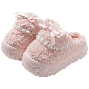 厚底增高棉拖鞋女室内家用韩版洋气公主风拖鞋冬季毛绒绒保暖外穿