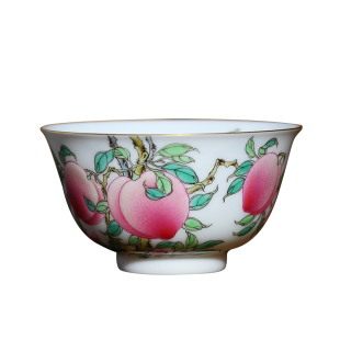 茶与器徐窑桃子手绘粉彩六桃过枝杯圆满杯手工描金口茶杯主人杯