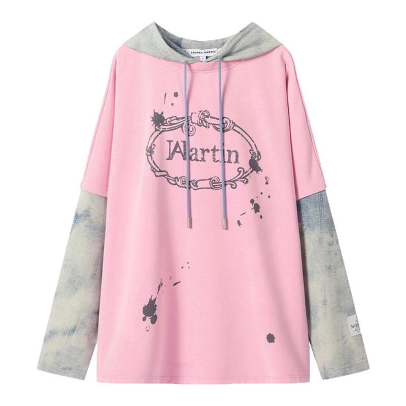 Andrea Martin26春夏新品粉色复古拼色套头卫衣时尚百搭潮流上衣