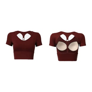 悠美YOGA露背运动上衣女固定胸垫美背普拉提瑜伽服短袖健身服外穿