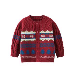 [骏马福裳]齐齐熊宝宝毛衣开衫冬款男童针织衫红色新年拜年服儿童