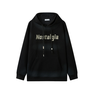 快鱼连帽卫衣男款2026春季新款喷印做旧宽松字母套头百搭长袖上衣