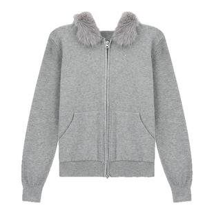 one more2025冬季新款简约现代风灰色毛领连帽拉链开衫女针织外套