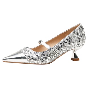 2025新款玛丽珍高跟鞋法式小香风5cm秋冬配礼服一字带银色高跟鞋