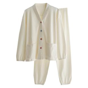 坑条婴儿棉睡衣女士春秋季纯棉针织棉V领彩色纽扣长袖家居服套装