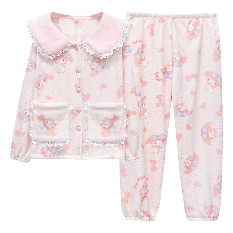 三丽鸥美乐蒂睡衣女款秋冬季法兰绒加厚可爱少女花边领家居服套装