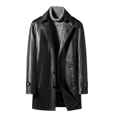 真皮风衣黑色加绒帅气皮衣中长款