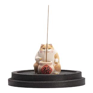 原创手绘招财猫开业礼物陶瓷香薰炉摆件小猫线香插家用实木檀香座