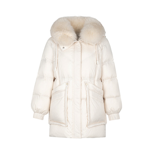 郁香菲狐狸毛领连帽羽绒服女冬季通勤时尚保暖鹅绒中长款直筒外套