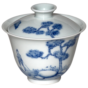 季度窑包银青花盖碗文人素雅泡茶器仿古柴窑手绘问童子110ml 小号