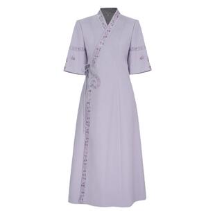 绵羊毛中国风夏季收腰刺绣花日常气质短袖V领通勤女士连衣裙战袍