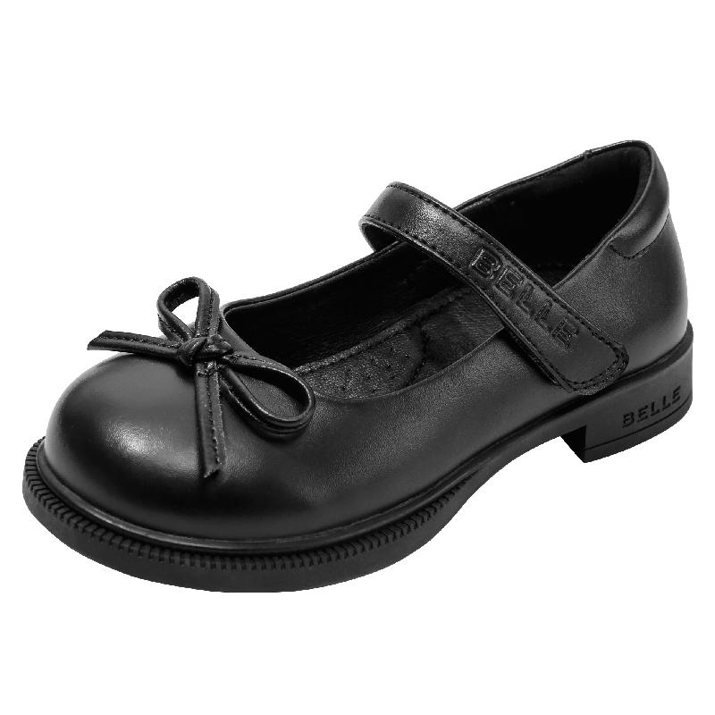 百丽童鞋女童黑皮鞋2024春季新款儿童牛皮鞋小女孩学生演出鞋宝宝