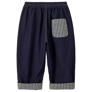 威尔贝鲁儿童牛仔裤纯棉春秋2026新款男女童长裤宝宝软牛仔格子裤