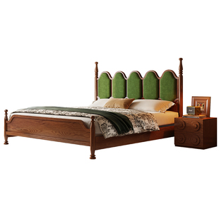 政府补贴蓝色理想法式复古风白蜡木床全实木雪尼尔绒1.8米双人床