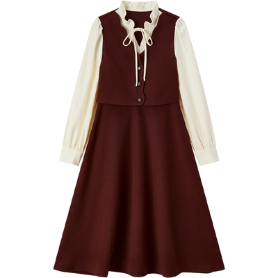 爱居兔假两件连衣裙女春秋新款安可拉红复古时尚长袖裙子