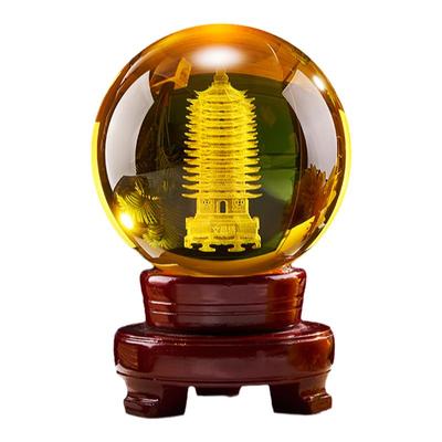 3D内雕文昌塔水晶球摆件书桌人造玻璃黄色办公室家用桌面工艺品