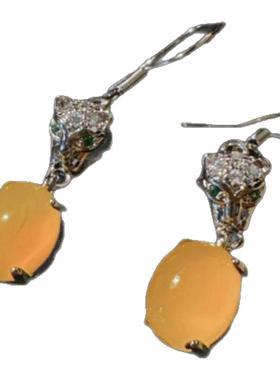 仙气冰透鸡油黄时尚鸽子蛋戒指幂幂同款落日黄冰猎豹耳环百搭