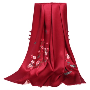 婚礼旗袍披肩女真丝手工苏绣盘扣丝巾双层喜妈妈礼服红色刺绣围巾