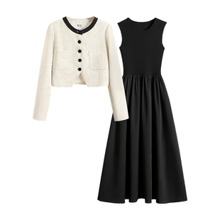 她池时尚套装2026春装新款女装圆领小香风外套搭无袖连衣裙两件套