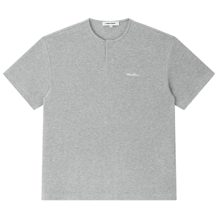 CLIMAX VISION极简风亨利领华夫格刺绣慵懒宽松短袖T恤ROW风上衣