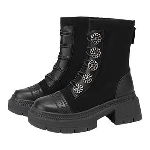 MIO米奥冬季短靴圆头高跟中筒瘦瘦靴复古精致扣带酷感马丁靴女