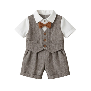 婴儿少爷服夏季薄款小月龄男宝宝衣服满月百天周岁婴儿连体衣爬服