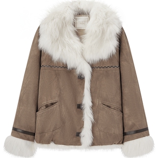 爱居兔麂皮拼接狐狸毛皮草2025年冬季新款复古优雅冬夹克外套