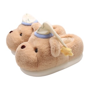 细细条保暖可爱睡帽小熊防滑少女心棉拖鞋居家毛绒绒月子鞋女冬季