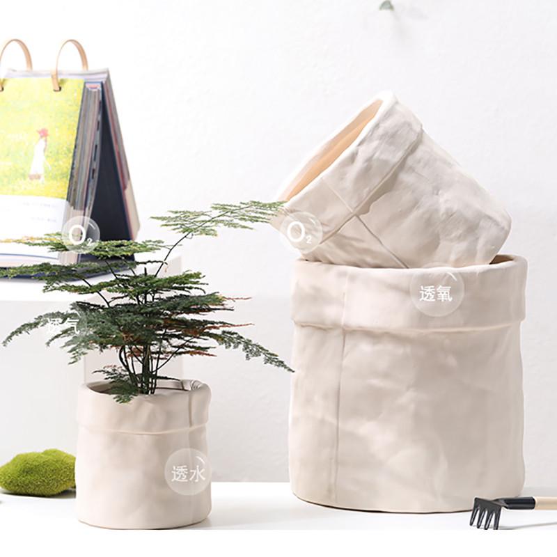 素烧布袋陶瓷花盆透气白陶土手绘创意多肉植物盆栽君子兰加仑带托