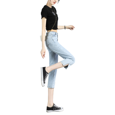 直筒牛仔裤女七分八分九分高腰
