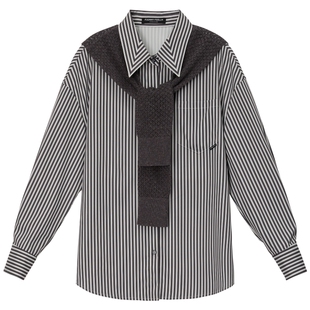 FF仿佛衬衫女2026春季新款披肩条纹休闲通勤百搭落肩袖长袖衬衣