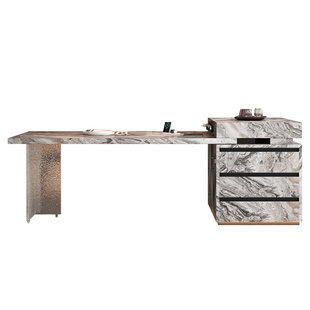 岛台餐桌一体伸缩家用高级感奢石花纹岩板多功能中导餐台定制倒台