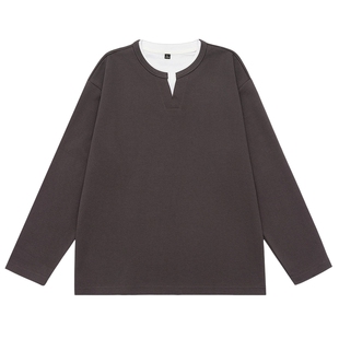 青少年假两件t恤男长袖内搭2025新款深灰色打底衫老钱风上衣秋衣