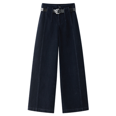 N·MORE设计师品牌  海军蓝丝绒牛仔装饰腰带长裤