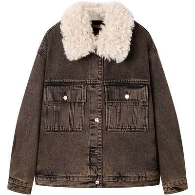 太平鸟冬季可拆卸毛领水洗工艺挺括牛仔棉衣A3ABE4434