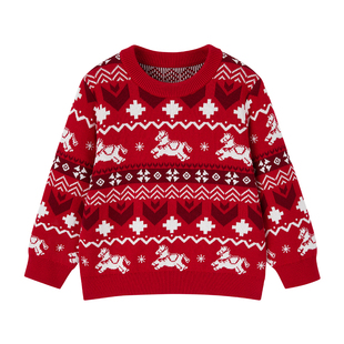 全棉时代儿童毛衣男童女童红色保暖纯棉上衣过年马年棉线衫新年服