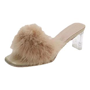 2026夏季新款透明水晶高跟鞋增高一字拖公主风毛绒款式凉拖女纯欲