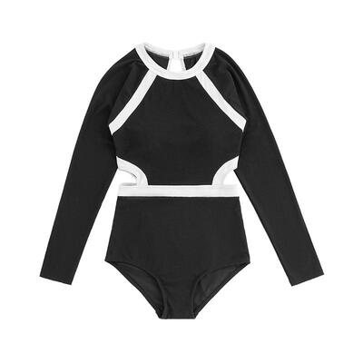 长袖连体泳衣女露背小胸保守黑色