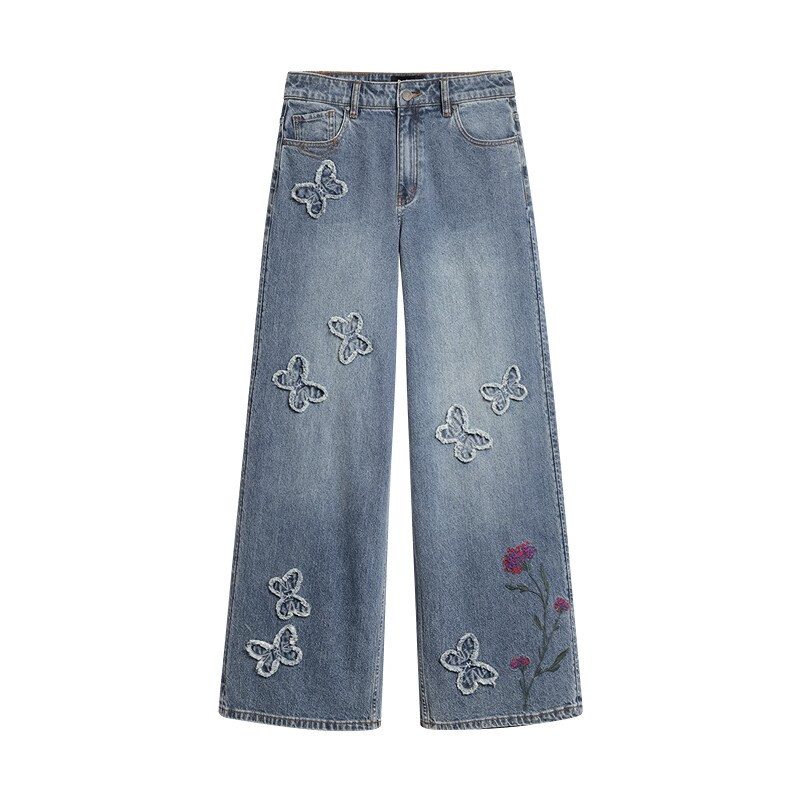 Desigual26秋冬新品毛边蝴蝶贴布花卉刺绣阔腿女式牛仔裤